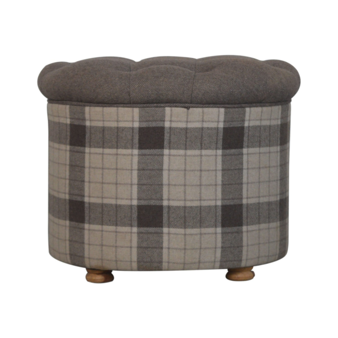 Deep Button Round Checked Footstool | Oak-Ish Solid Mango Wood