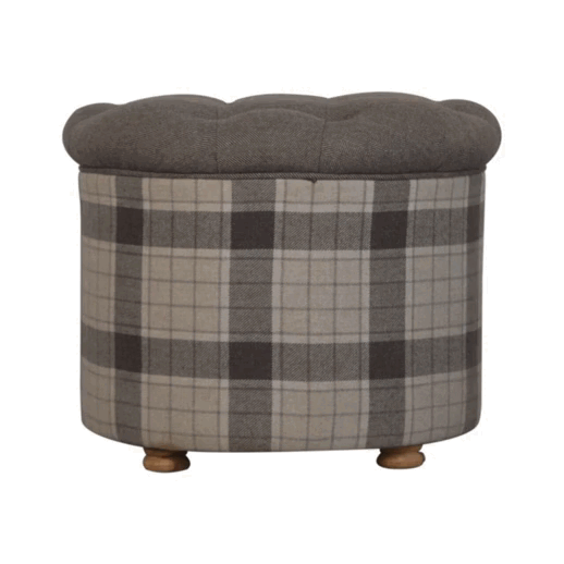 Deep Button Round Checked Footstool | Oak-Ish Solid Mango Wood