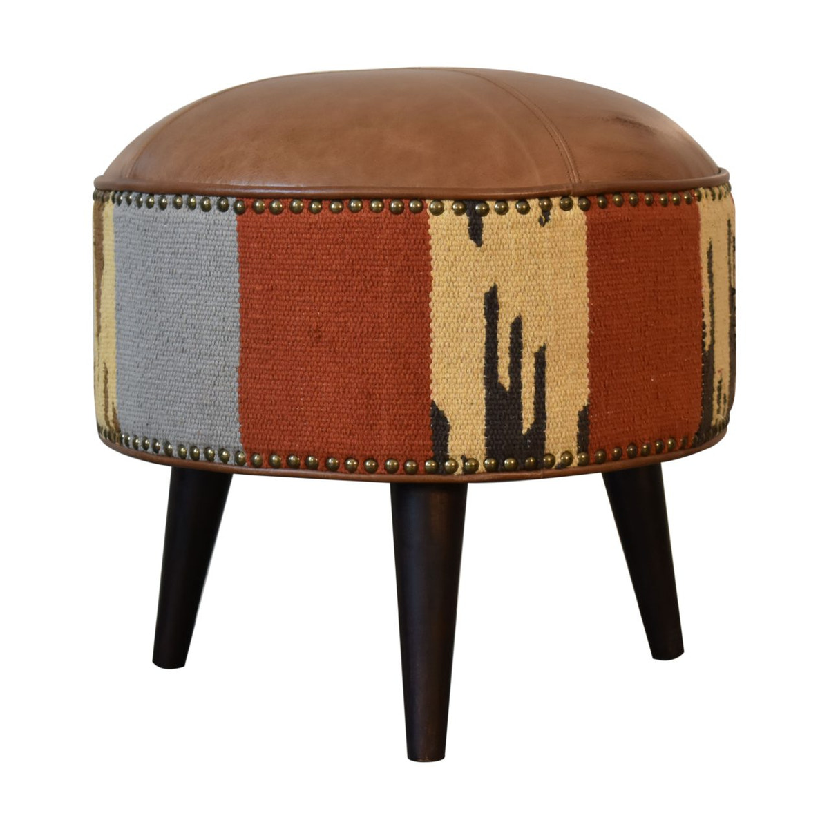 Durrie & Leather Mixed Footstool | Buffalo Leather