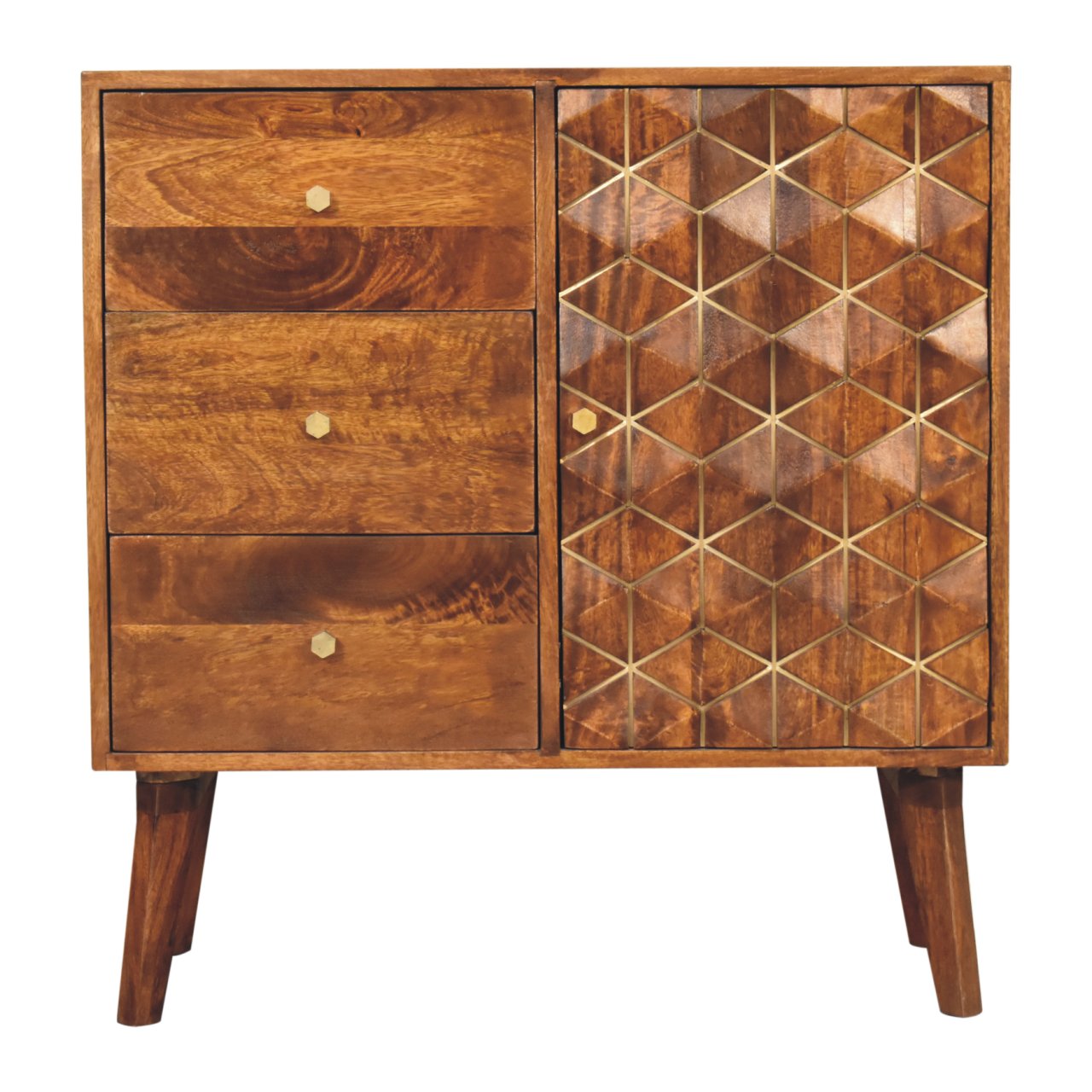 Chestnut Cubed Brass Inlay Chest of Drawers