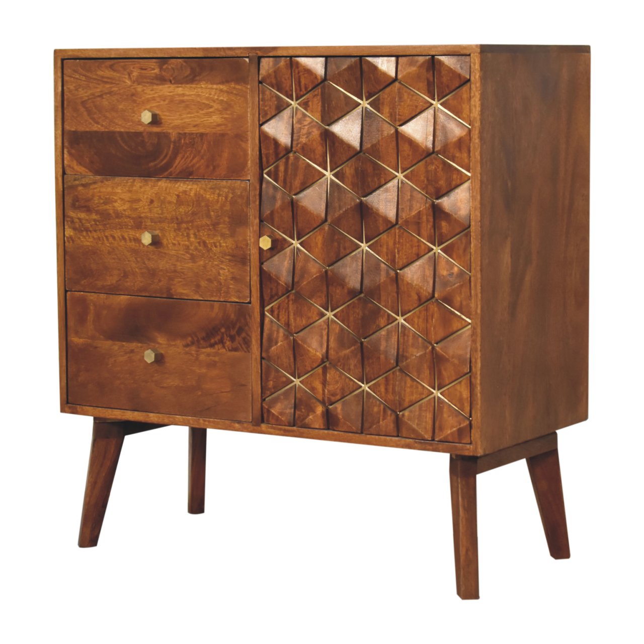 Chestnut Cubed Brass Inlay Chest of Drawers