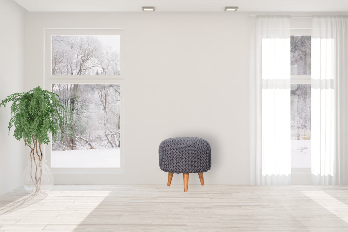 Keeva Grey Round Footstool | Oak Solid Mango Wood