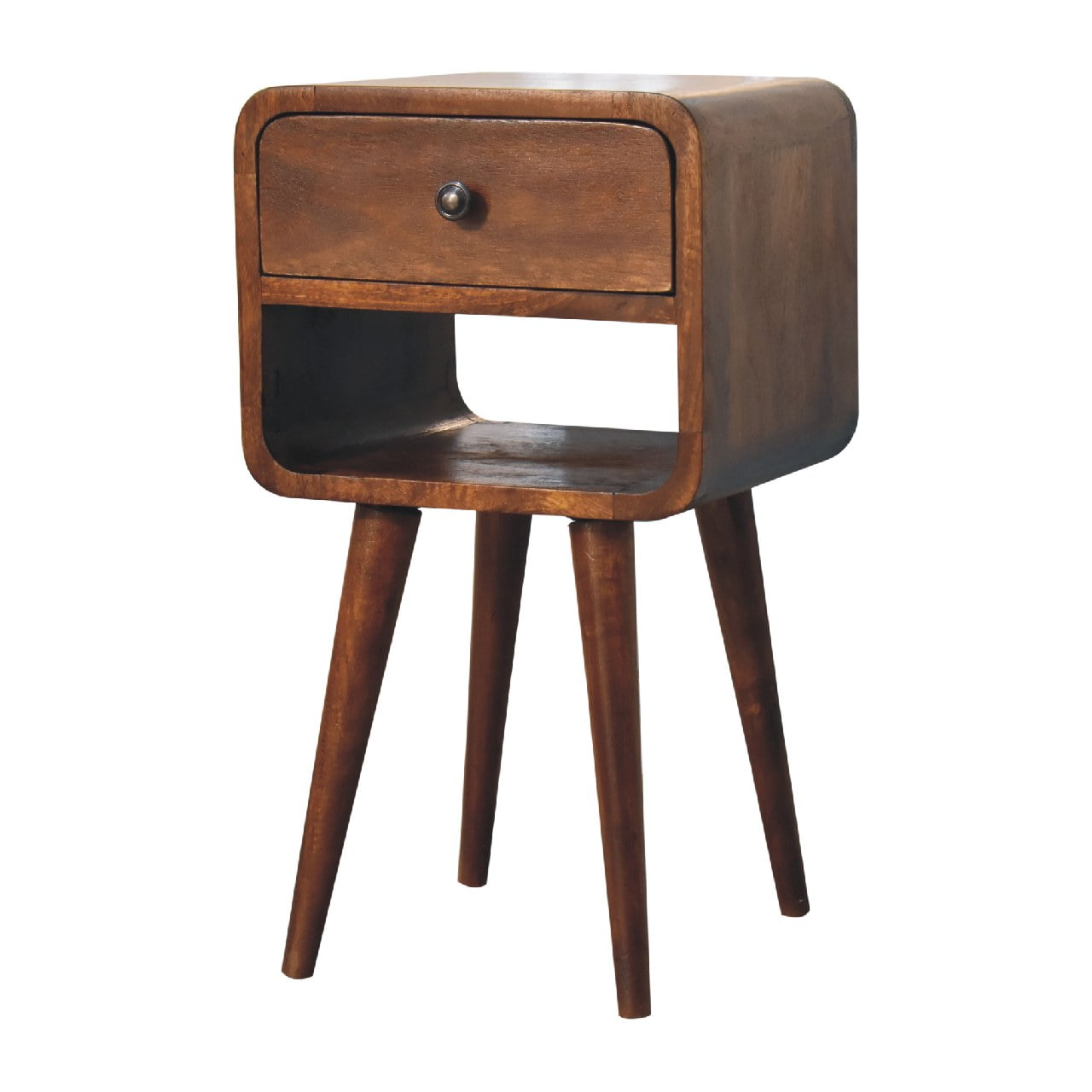 Mini Chestnut Curved Bedside with Lower Slot