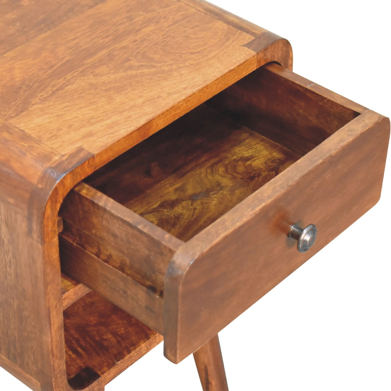 Mini Chestnut Curved Bedside with Lower Slot