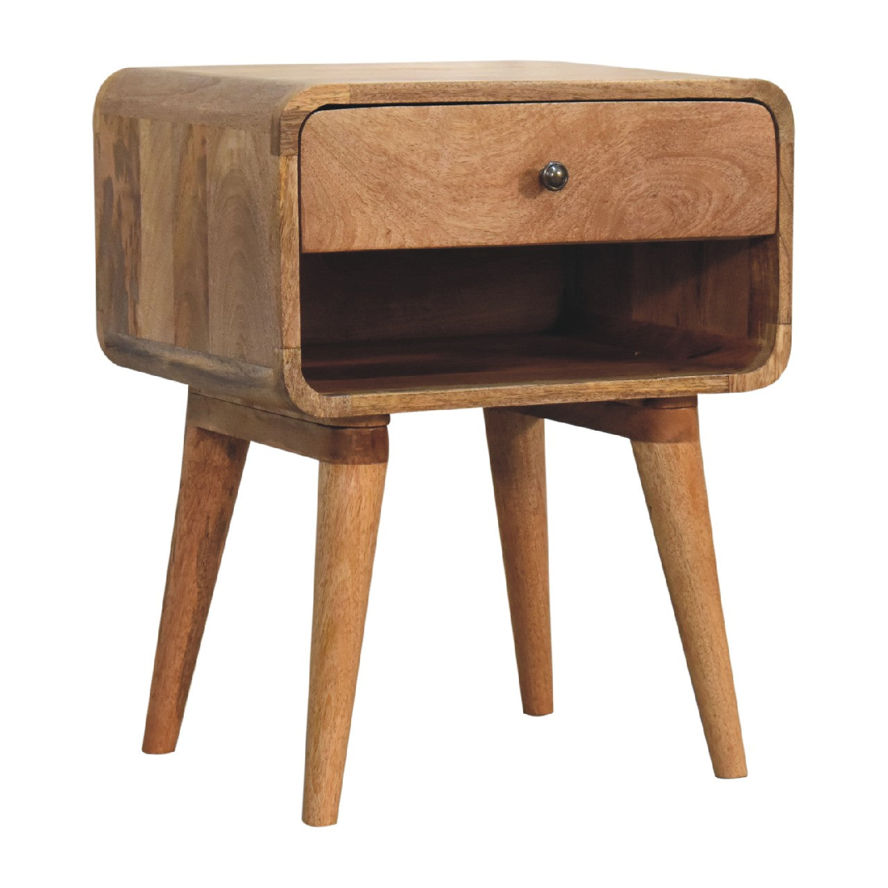 Curved Oak-ish Open Bedside Table