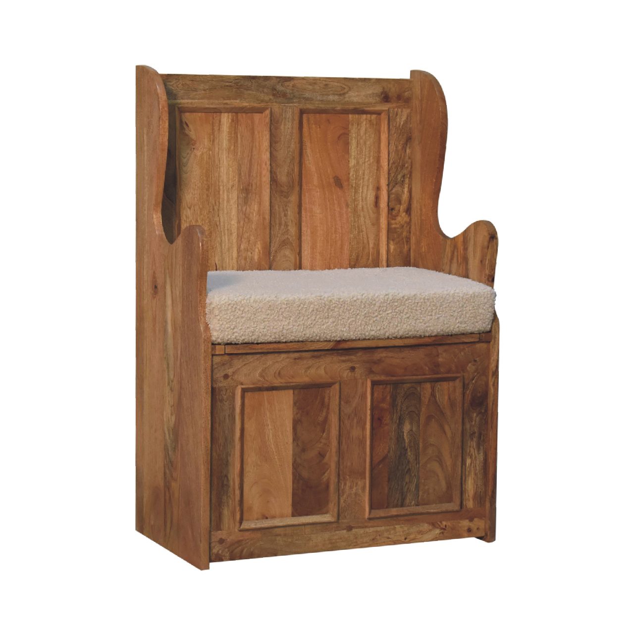 Cream Boucle Mini Monks Bench | Hand-Carved