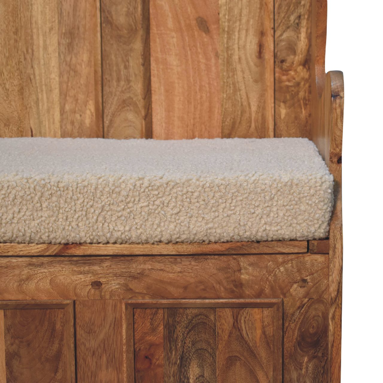 Cream Boucle Mini Monks Bench | Hand-Carved