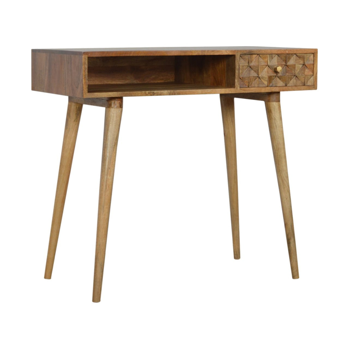 Diamond Carved Writing Desk | Oak-Ish Solid Mango Wood Hand-Carved