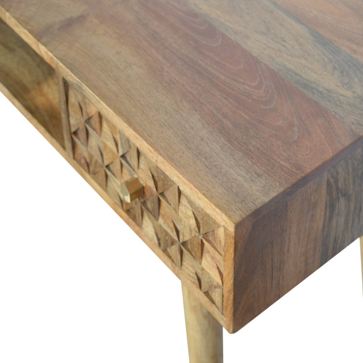 Diamond Carved Writing Desk | Oak-Ish Solid Mango Wood Hand-Carved