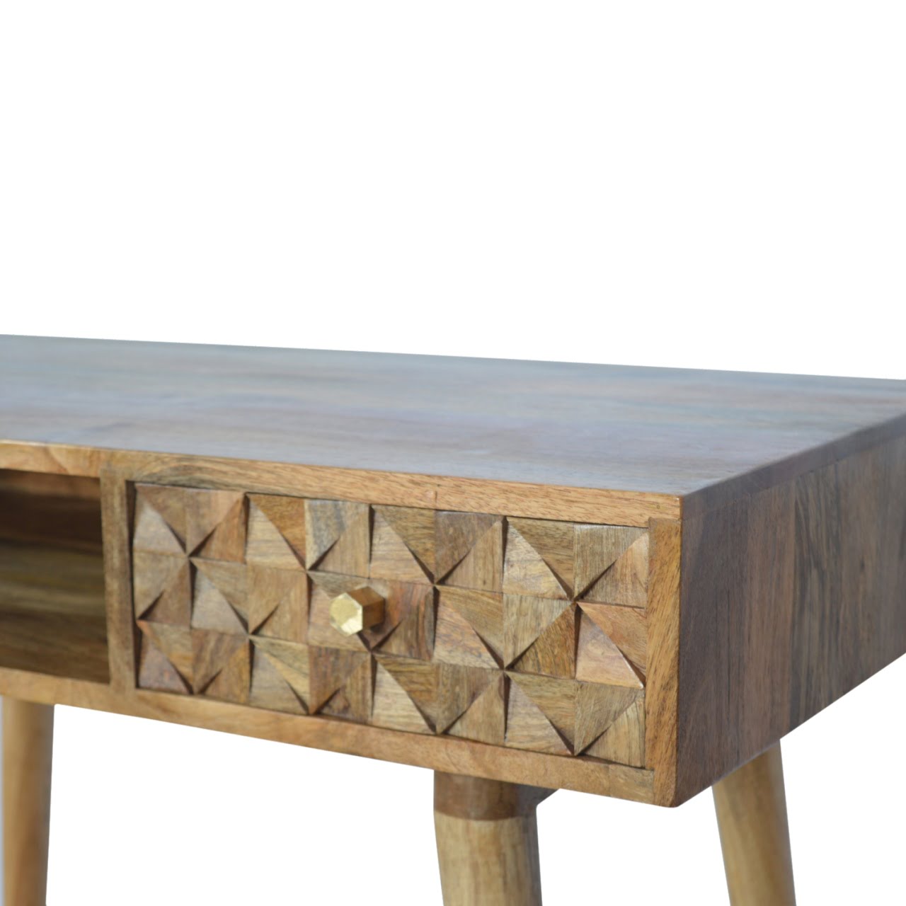 Diamond Carved Writing Desk | Oak-Ish Solid Mango Wood Hand-Carved
