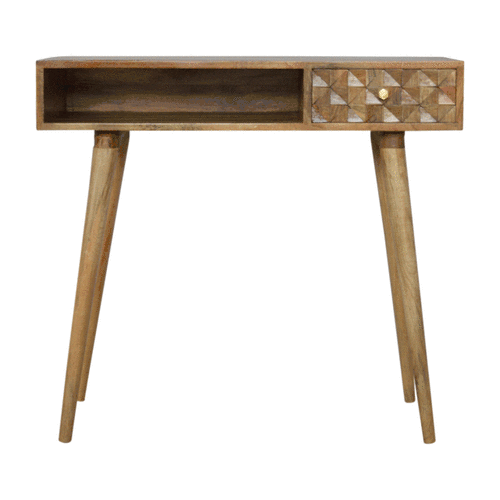Diamond Carved Writing Desk | Oak-Ish Solid Mango Wood Hand-Carved