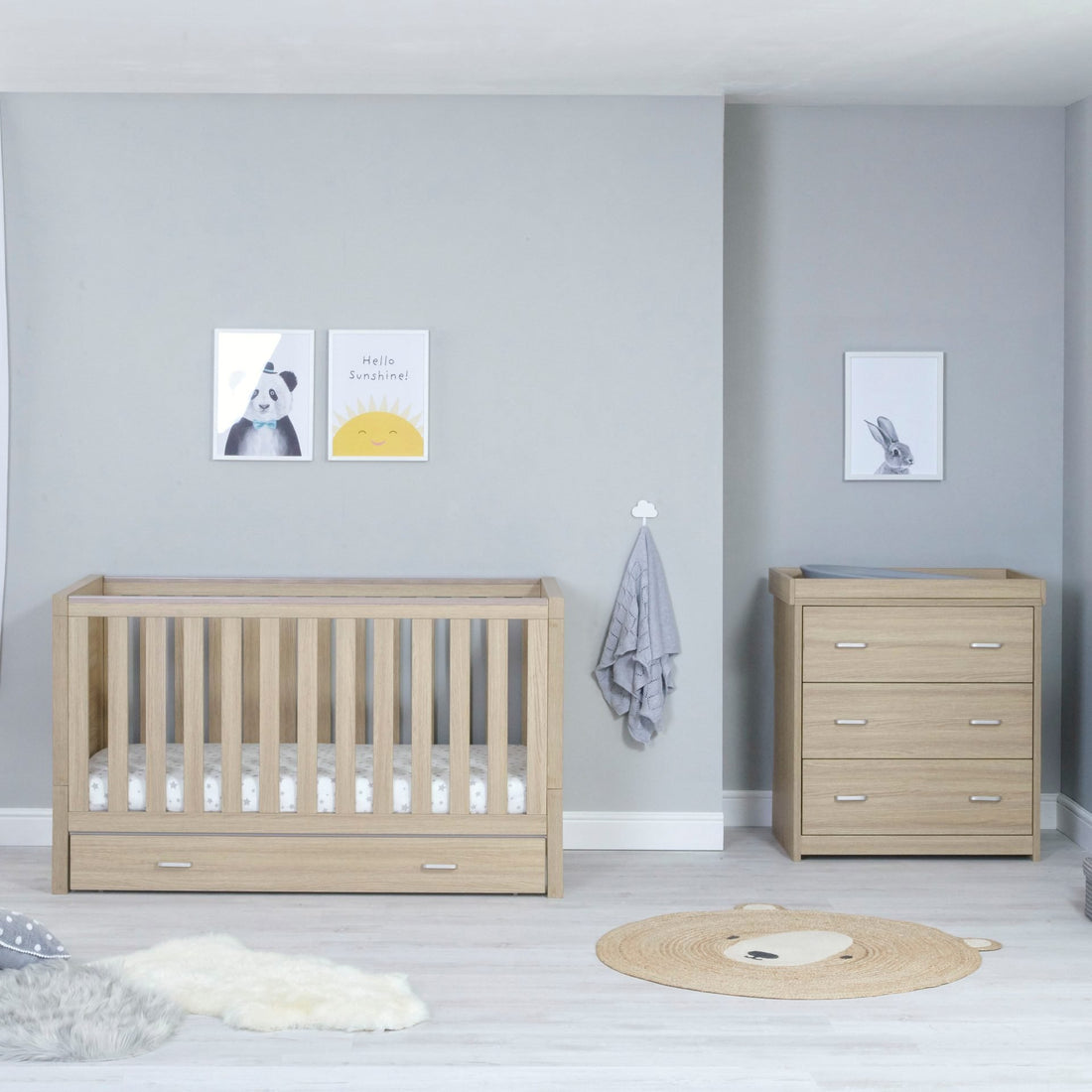 Babymore Luno 2 Piece Nursery Room Set with Drawer - Oak - Babymore