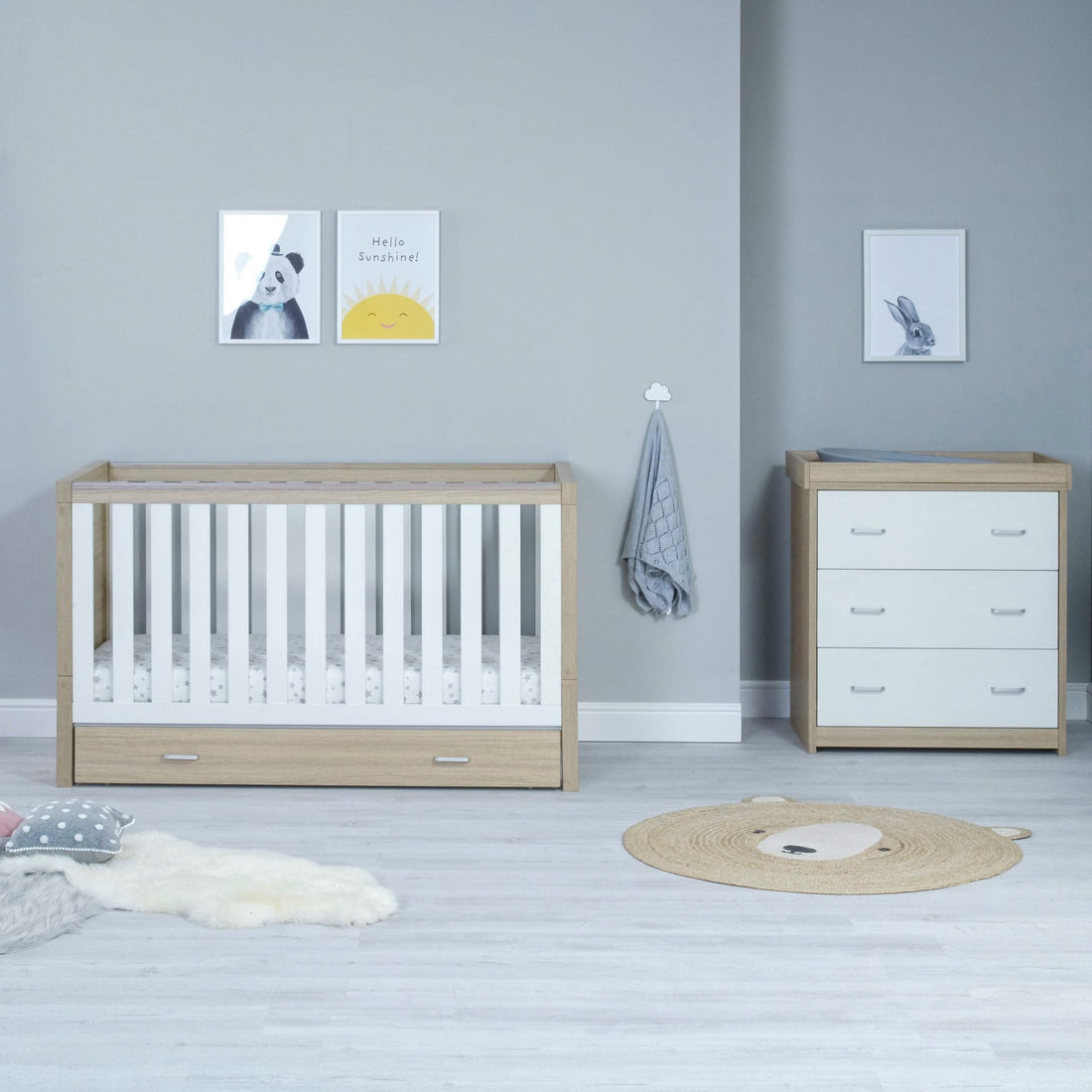Babymore Luno 2 Piece Nursery Room Set with Drawer - Oak White - Babymore