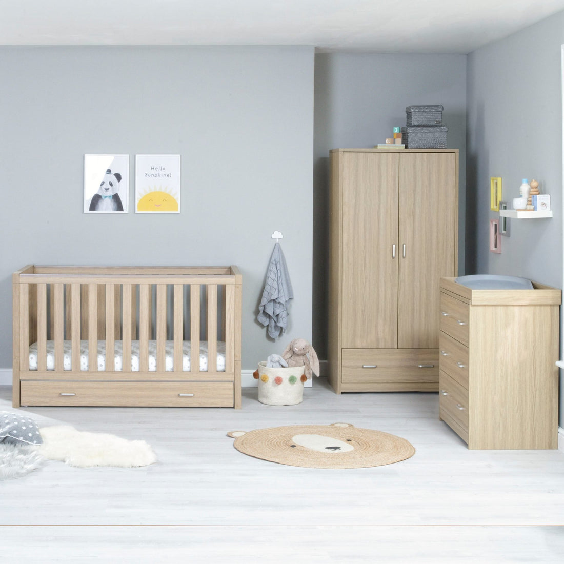 Babymore Luno 3 Piece Nursery Room Set with Drawer - Oak - Babymore
