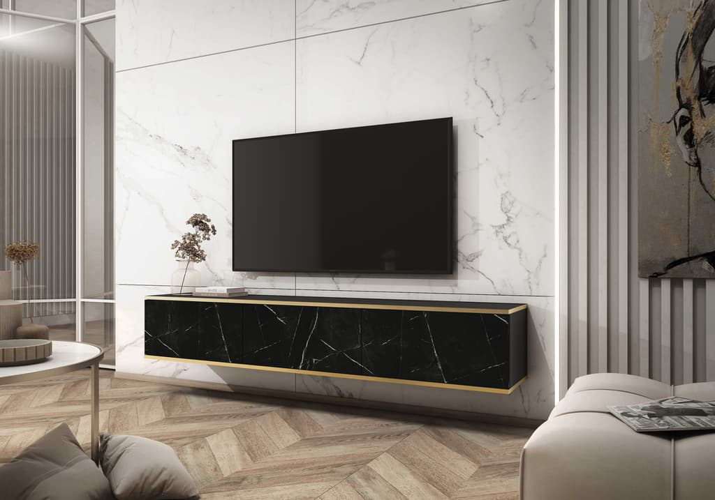 Oro Floating TV Cabinet 175cm - Black Marble / Living Room