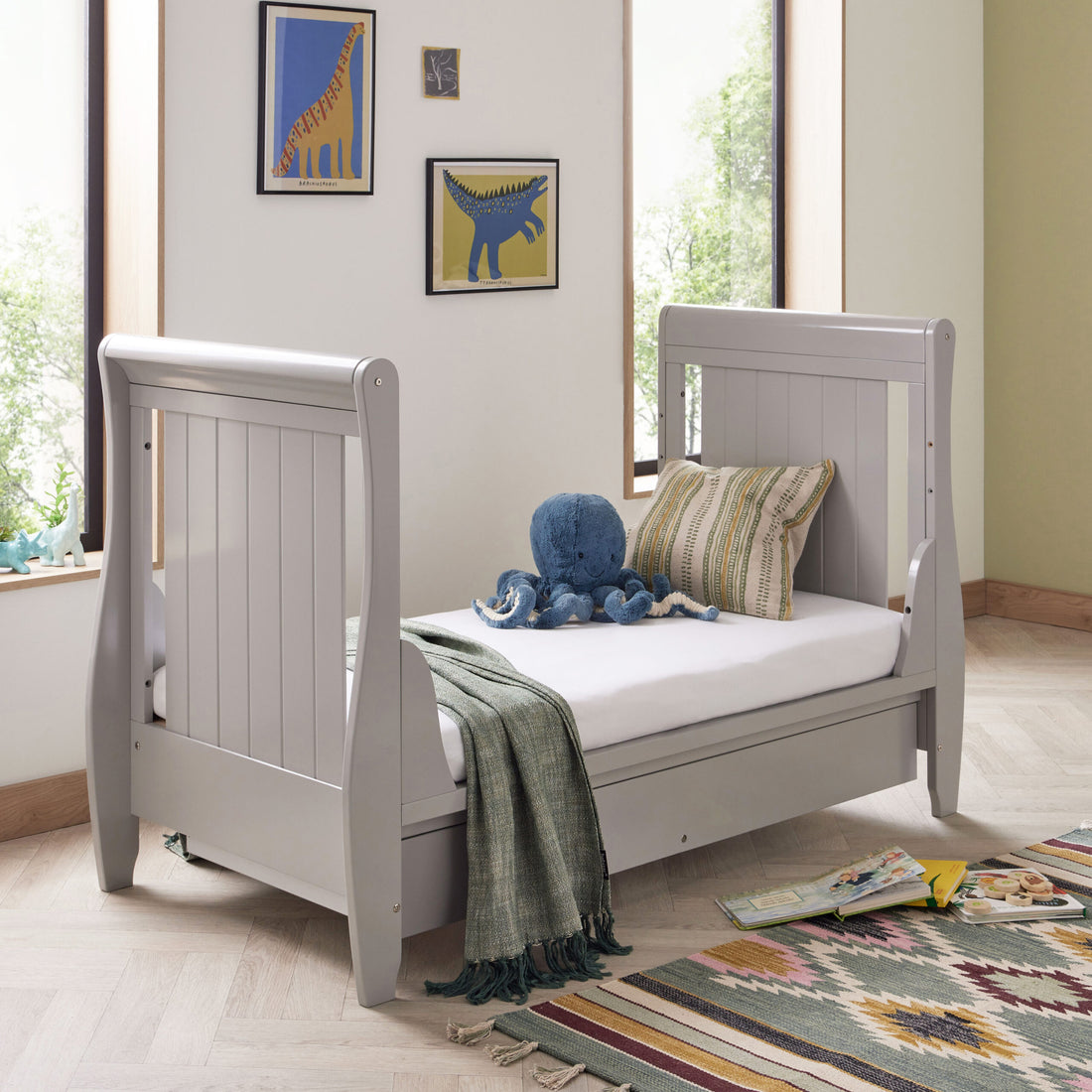 Babymore Stella Sleigh Cot Bed Drop Side with Drawer - Grey - Babymore
