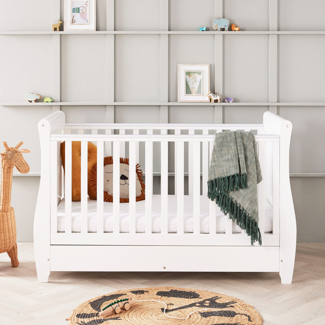 Babymore Stella Sleigh Cot Bed Drop Side with Drawer - White - Babymore