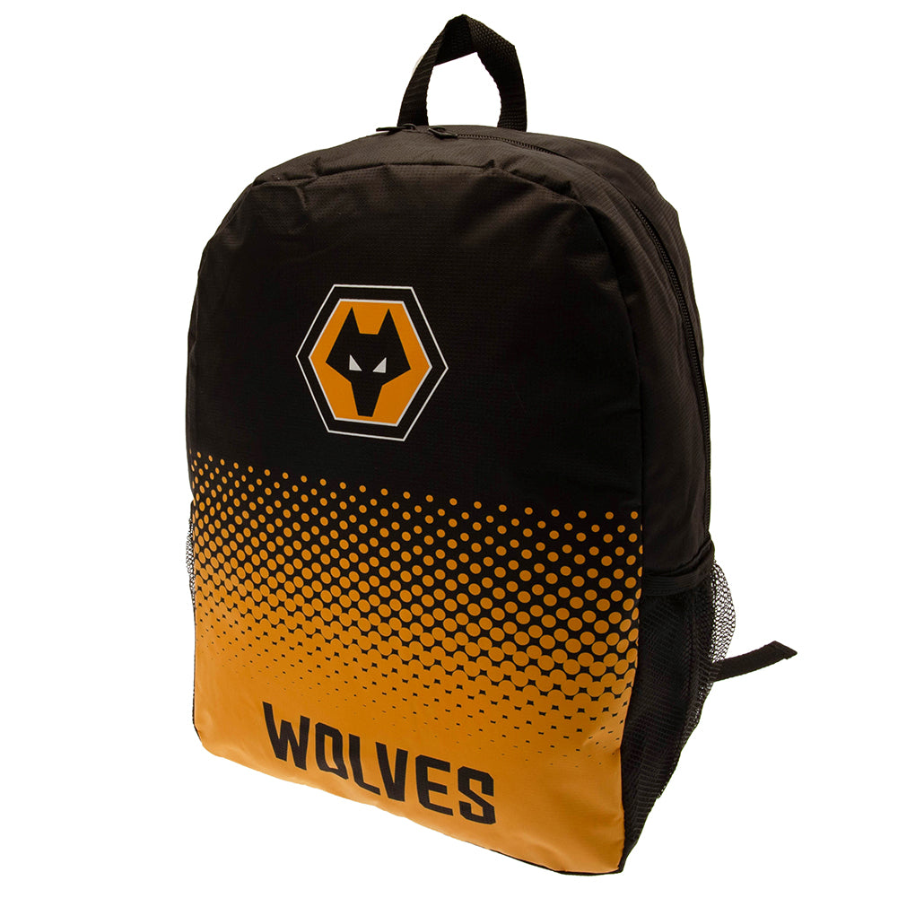 Durable polyester construction of the Wolverhampton Wanderers FC Backpack with adjustable straps for comfortable wear during match days and daily activities.