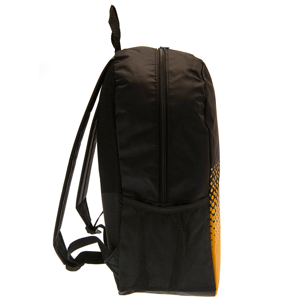 Wolverhampton Wanderers FC Backpack featuring its large double zipped opening and side mesh pockets, ideal for carrying essentials while supporting your team.