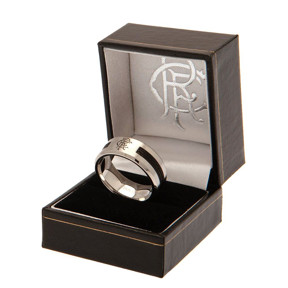 Rangers FC Stainless Steel Black Inlay Ring with Engraved Crest - Medium Size