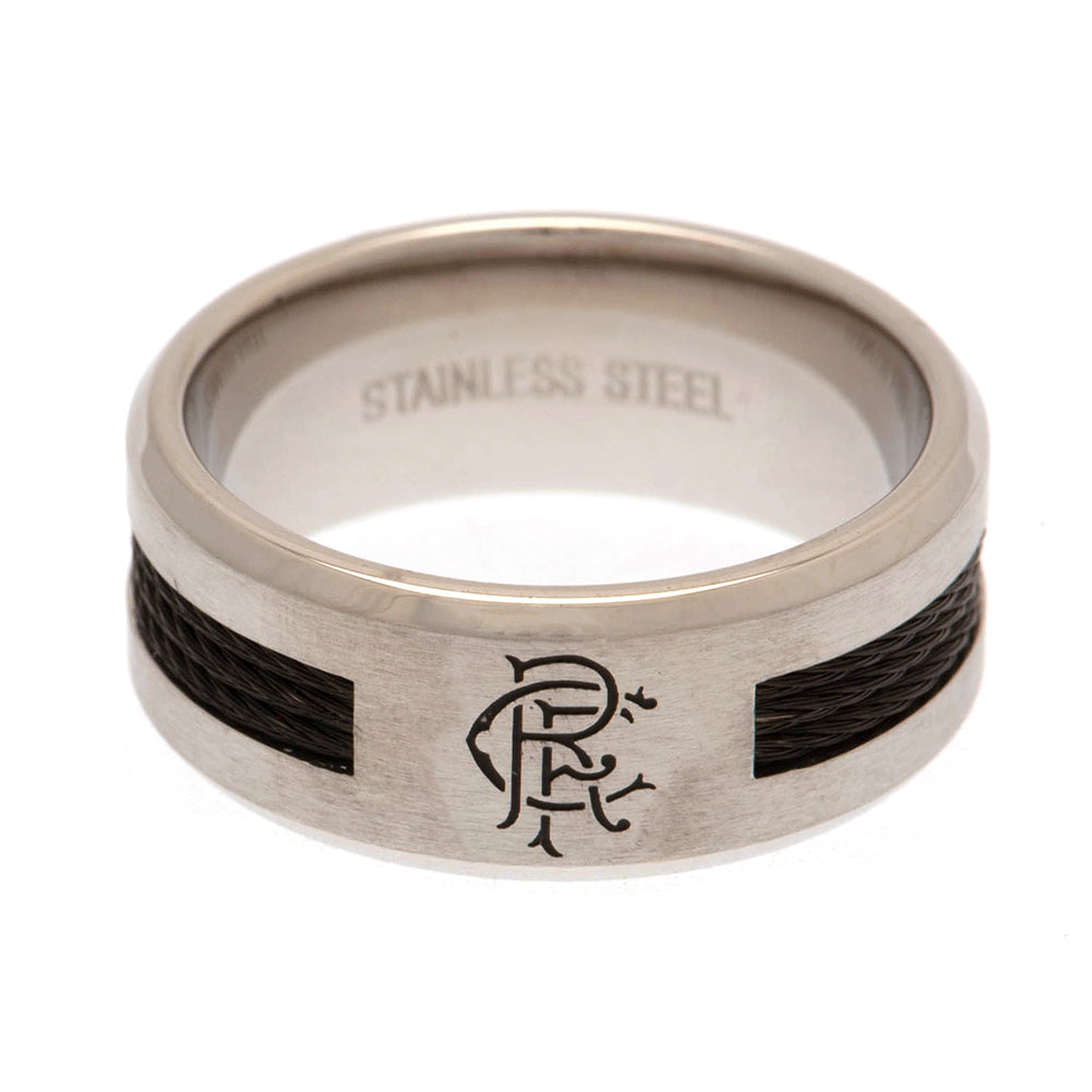 Rangers FC Stainless Steel Black Inlay Ring with Engraved Crest - Medium Size
