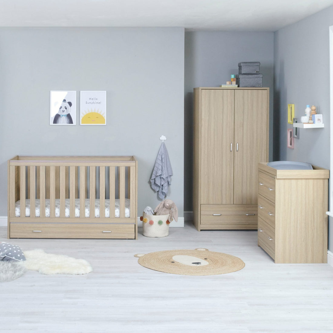 Babymore Veni 3 Piece Nursery Room Set with Drawer - Oak - Babymore