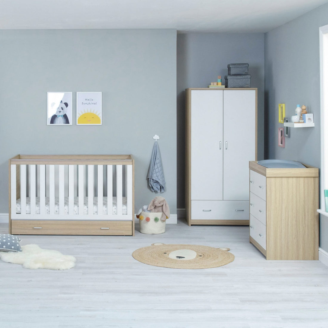 Babymore Veni 3 Piece Nursery Room Sets with Drawer - Oak White - Babymore