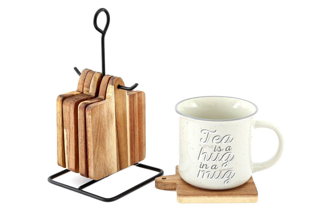 Acacia Coasters With a Black Metal Stand, Set Of 6 - £27.99 - Coasters & Placemats 