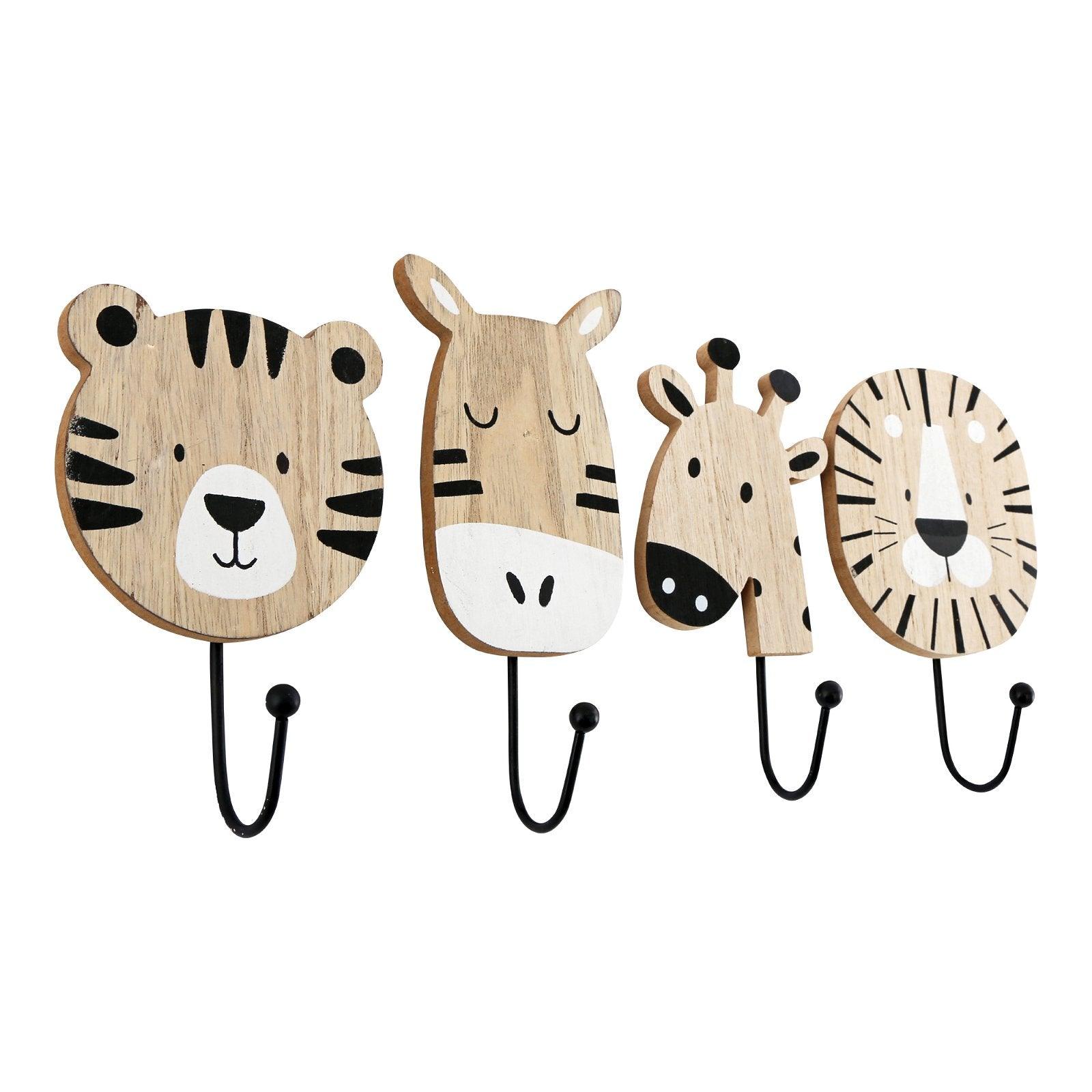 Animal Carvings of Lion, Giraffe, Elephant & Zebra Hooks-Nursery Furniture