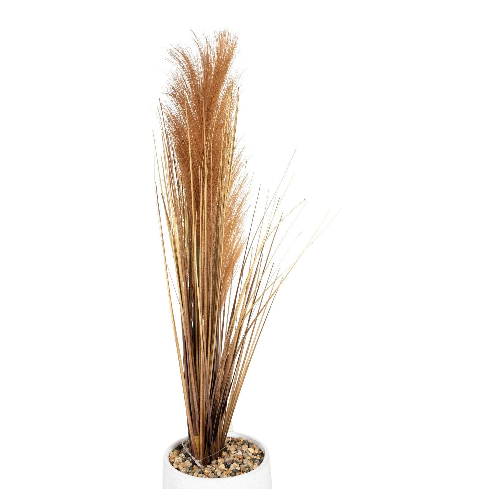 Artificial Grasses In A White Pot With Brown Feathers - 50cm - £20.99 - Artificial Plants 