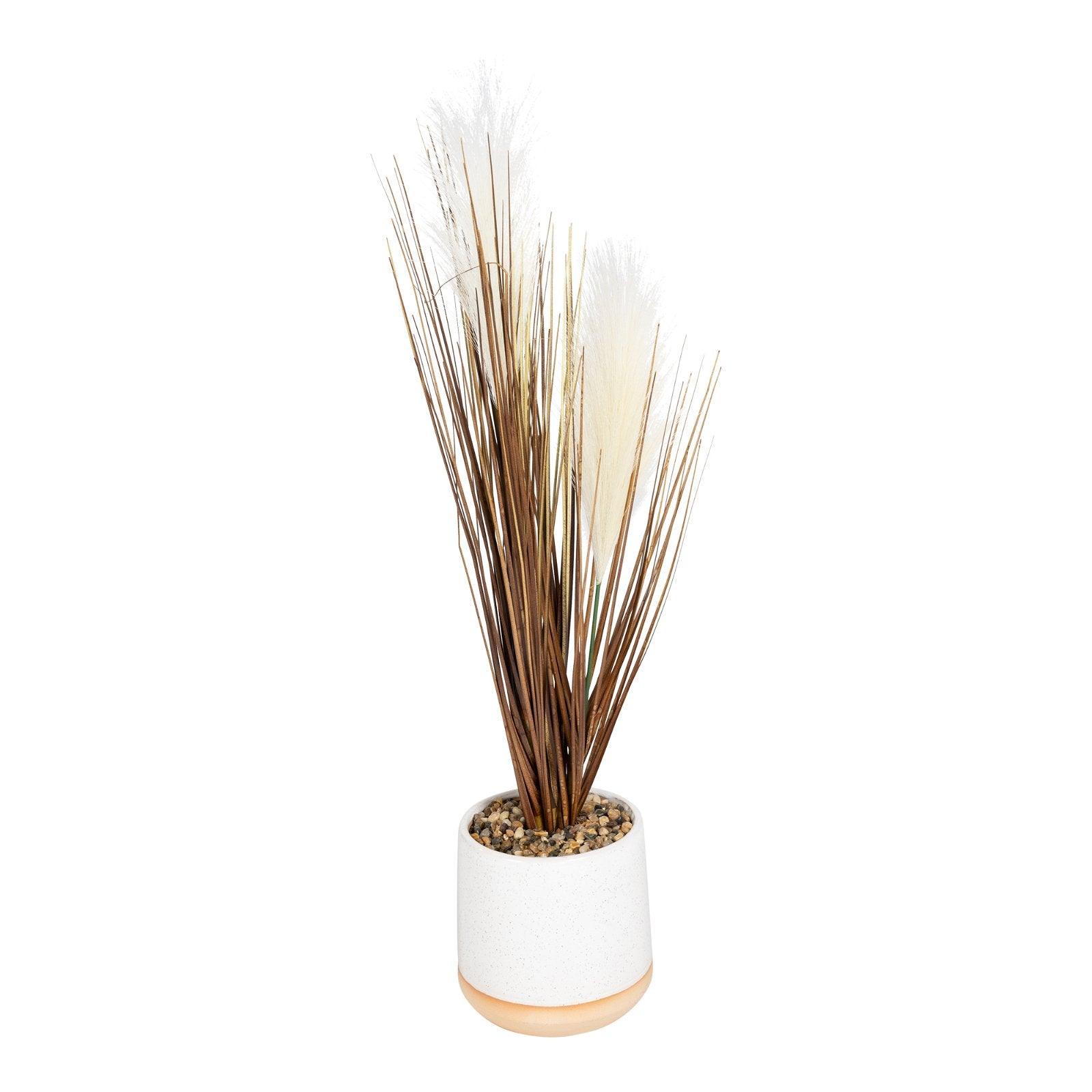 Artificial Grasses In A White Pot With White Feathers - 50cm-Artificial Plants