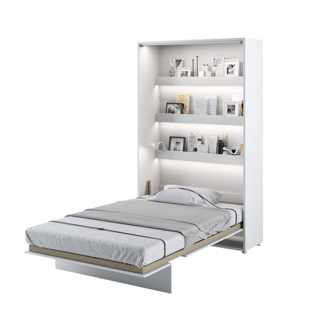 Vertical Folding Wall Bed – Small Double 120cm | Hidden Pull Down Bed with Self-Hold Spring & Locking System White Gloss 120 x 200cm