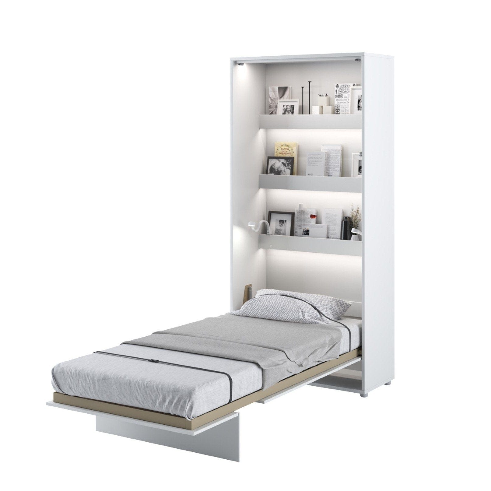 Vertical Folding Wall Bed – Single 90cm | Hidden Pull Down Bed with Self-Hold Spring & Locking System White Matt 90 x 200cm