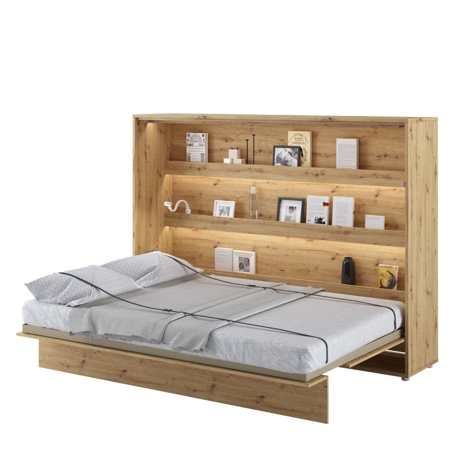 Horizontal Folding Wall Bed – Double 140cm | Hidden Pull Down Bed with Self-Hold Spring & Locking System Oak Artisan 140 x 200cm