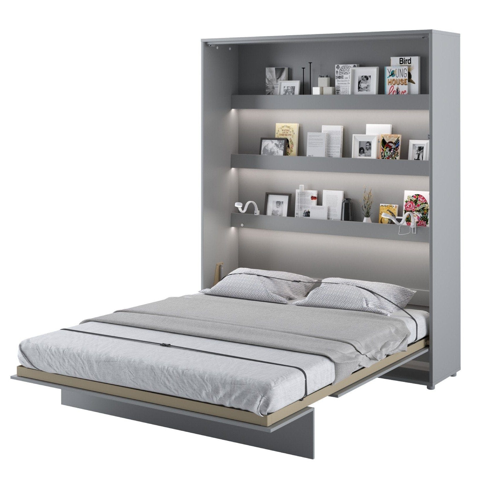 Vertical Folding Wall Bed – EU King 160cm | Hidden Pull Down Bed with Self-Hold Spring & Locking System Grey Matt 160 x 200cm