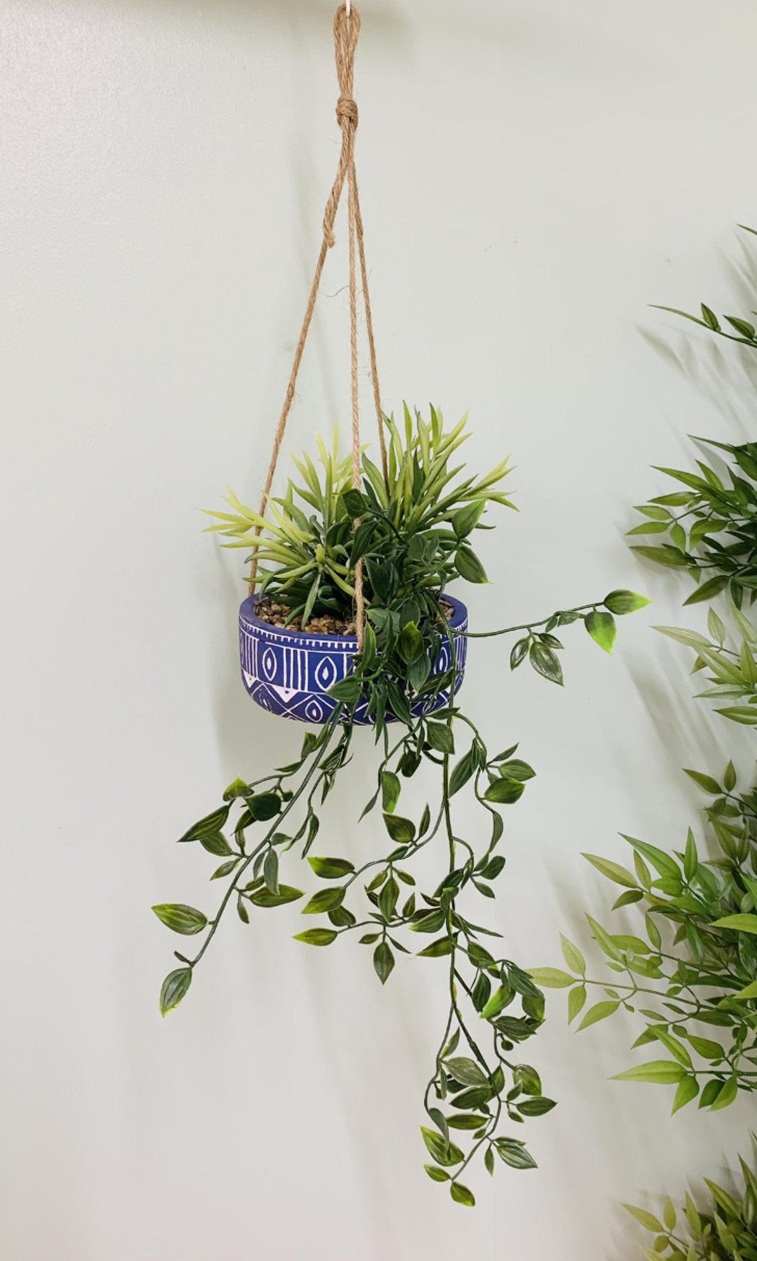 Blue Ceramic Hanging Pot with Plants - £38.99 - Small Succulents & Faux Bonsai 