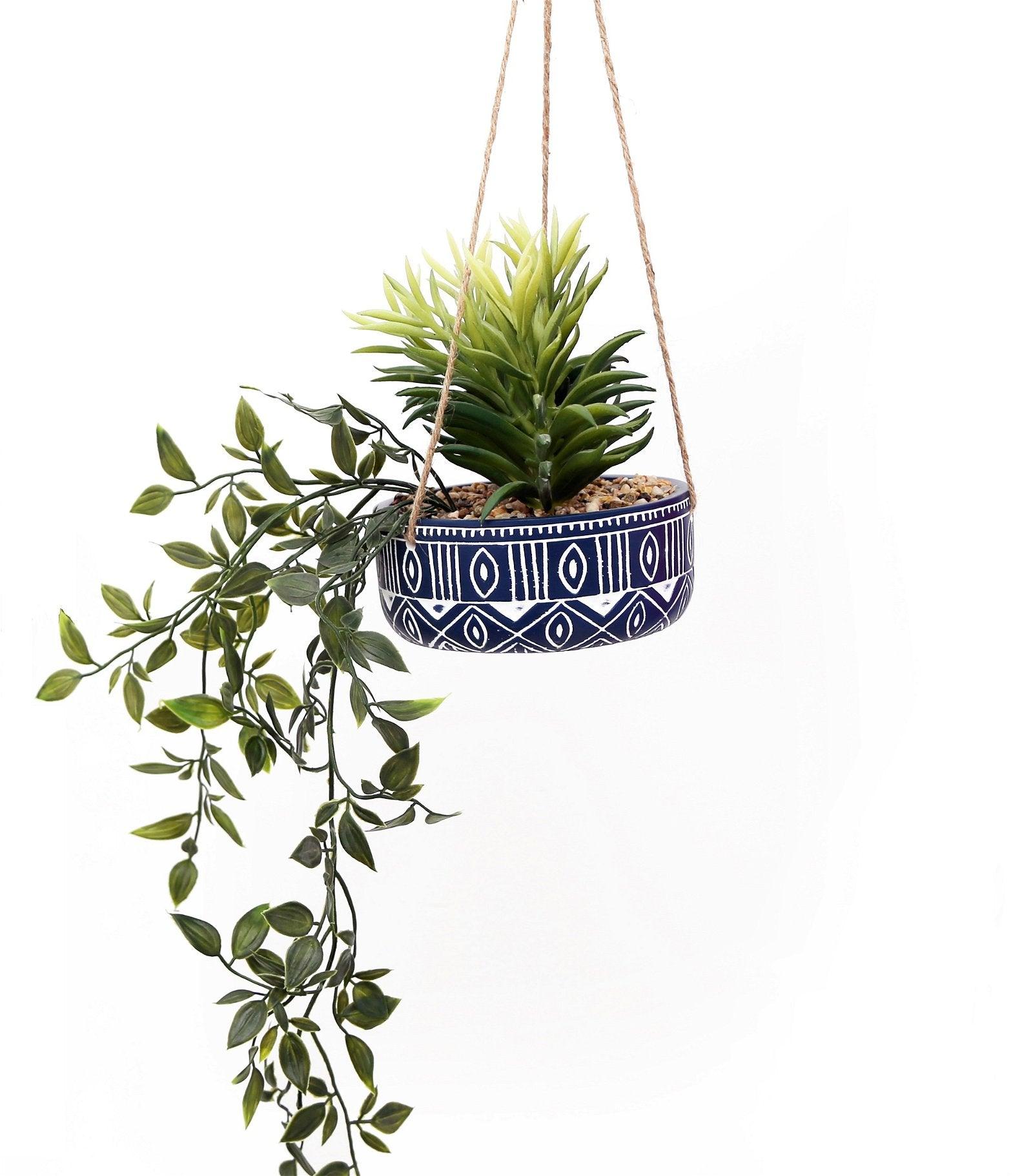 Blue Ceramic Hanging Pot with Plants-Small Succulents & Faux Bonsai