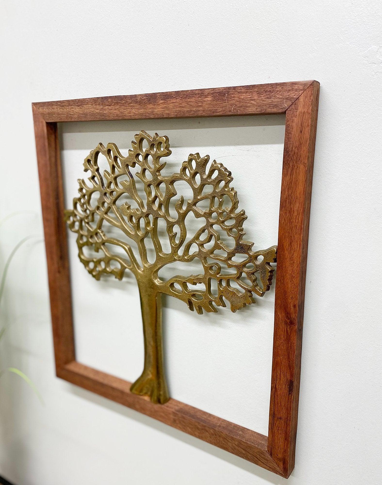 Brass Tree Of Life In Wooden Frame-