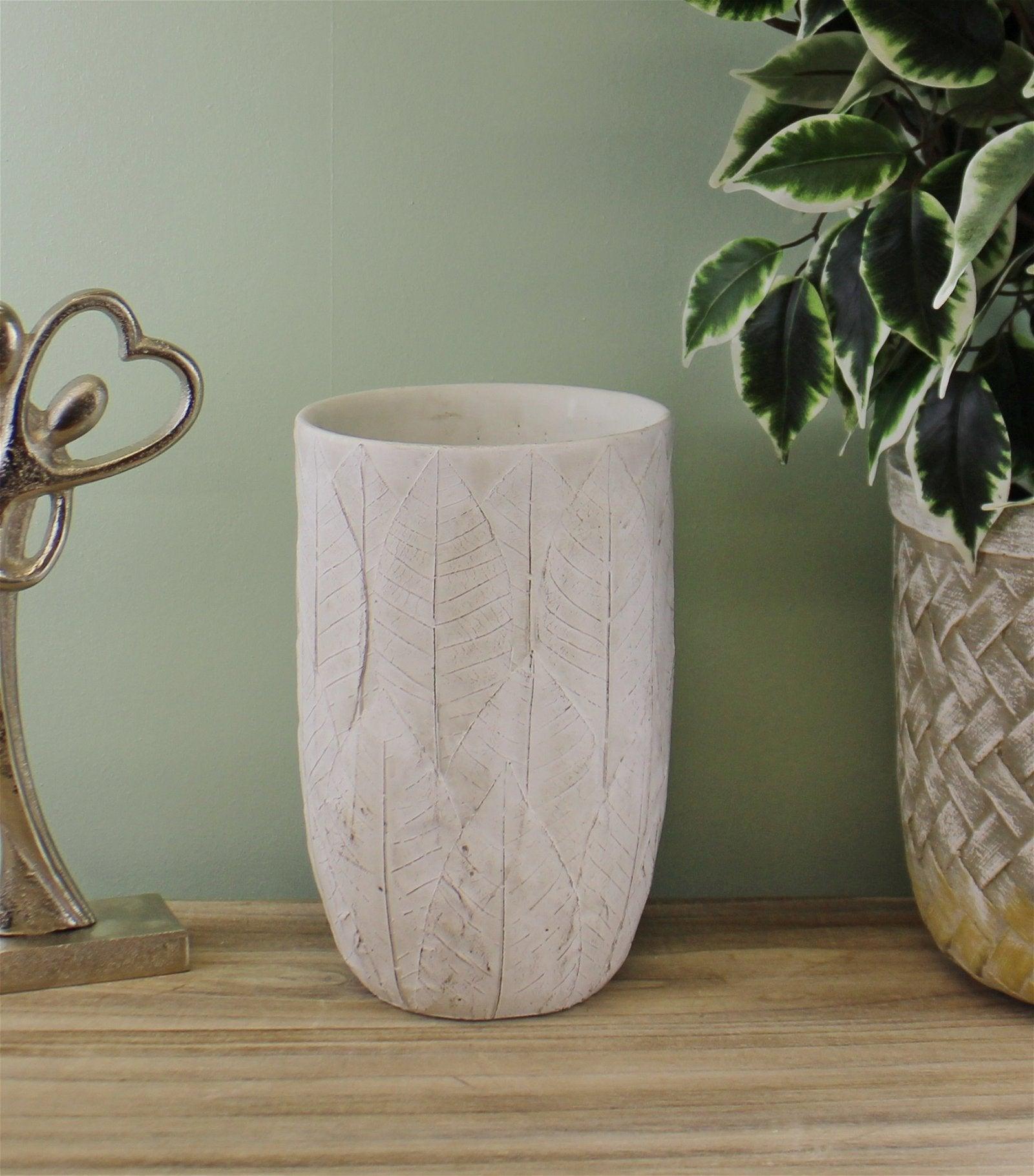 Cement Embossed Leaf Vase, 21.5cm-Planters, Vases & Plant Stands