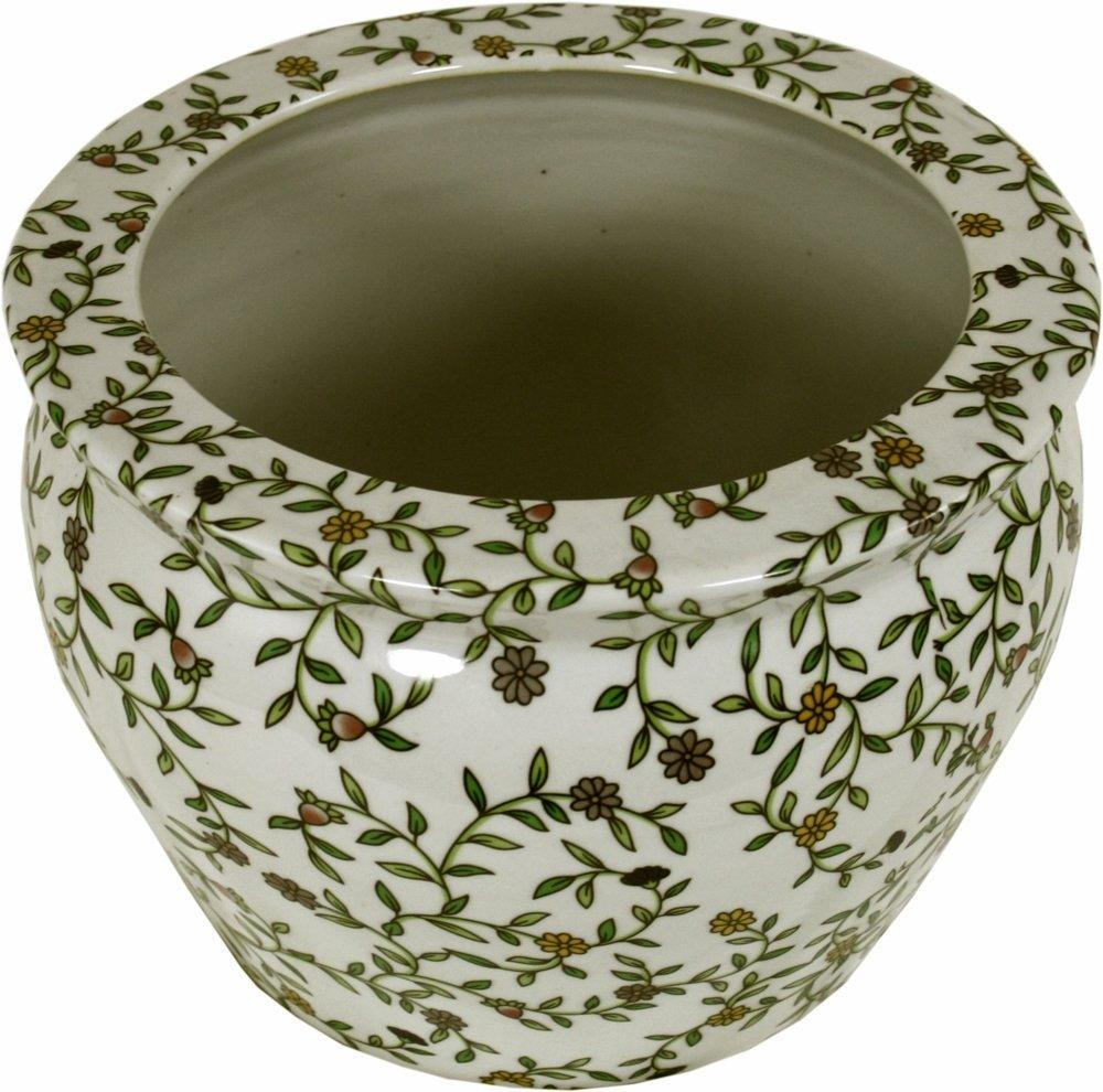 Ceramic Planter, Vintage Green & White Floral Design-Planters