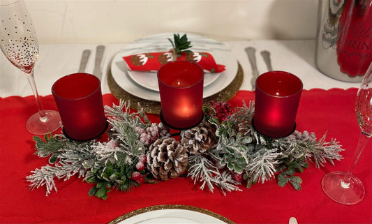Christmas Tartan Triple Tea Light Holder Table Centre 38.5cm-Christmas Candles & Fragrance