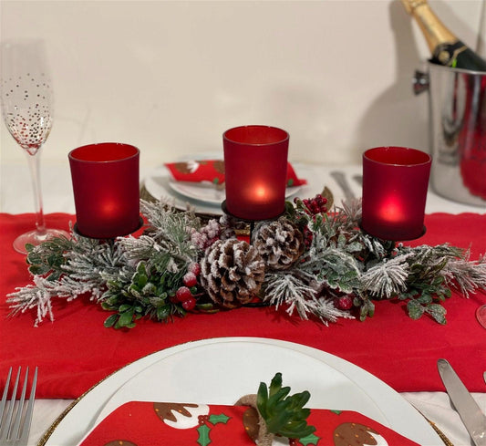 Christmas Tartan Triple Tea Light Holder Table Centre 38.5cm - £53.99 - Christmas Candles & Fragrance 