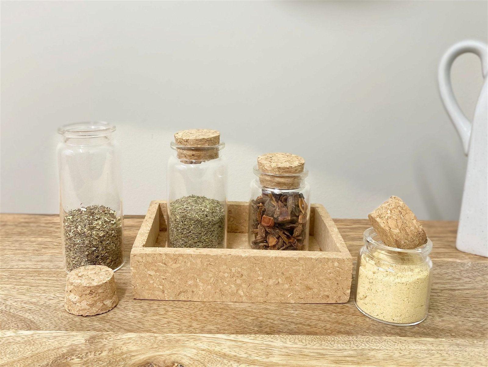 Cork Tray With Four Glass Bottles & Lids-Kitchen Storage