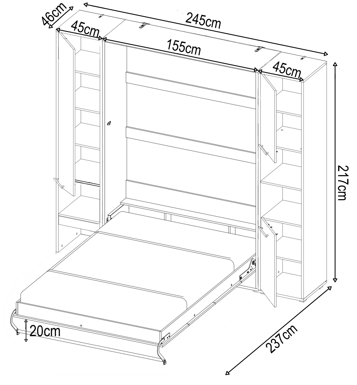 Double (140cm) Vertical Wall Bed with Side Wardrobes