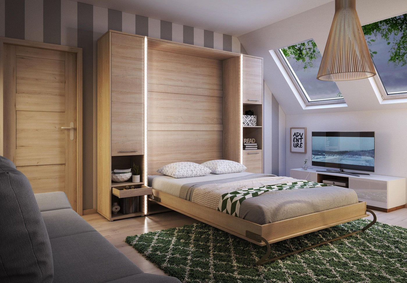 Double (140cm) Vertical Wall Bed with Side Wardrobes