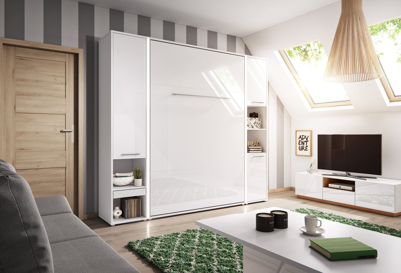 Double (140cm) Vertical Wall Bed with Side Wardrobes White Gloss