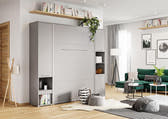 Vertical Folding Wall Bed with Storage Cabinets – Double 140cm | Pull Down Bed with Side Wardrobes Grey Matt 140 x 200cm