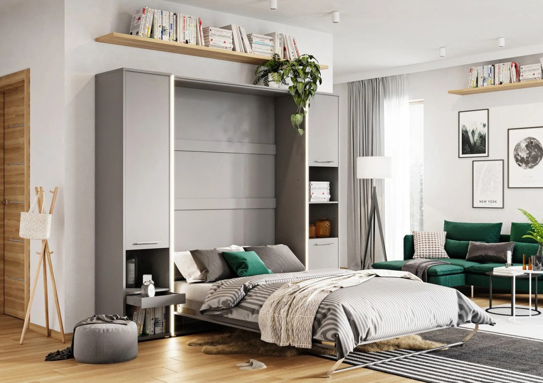 CP-02 Vertical Wall Bed Concept 120cm with Storage Cabinet Grey Matt Wall Bed with Storage Unit 