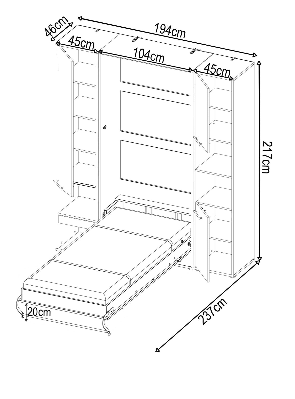 Single (90cm) Vertical Wall Bed with Cabinet