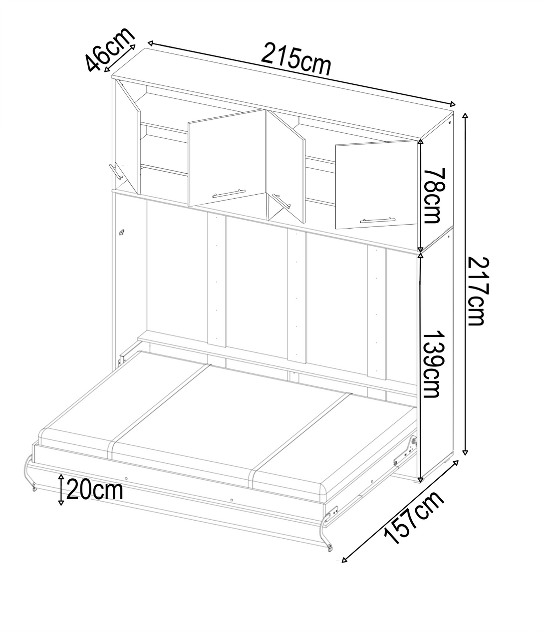 CP-05 Horizontal Wall Bed Concept 120cm with Over Bed Unit White Matt Wall Bed with Storage Unit 
